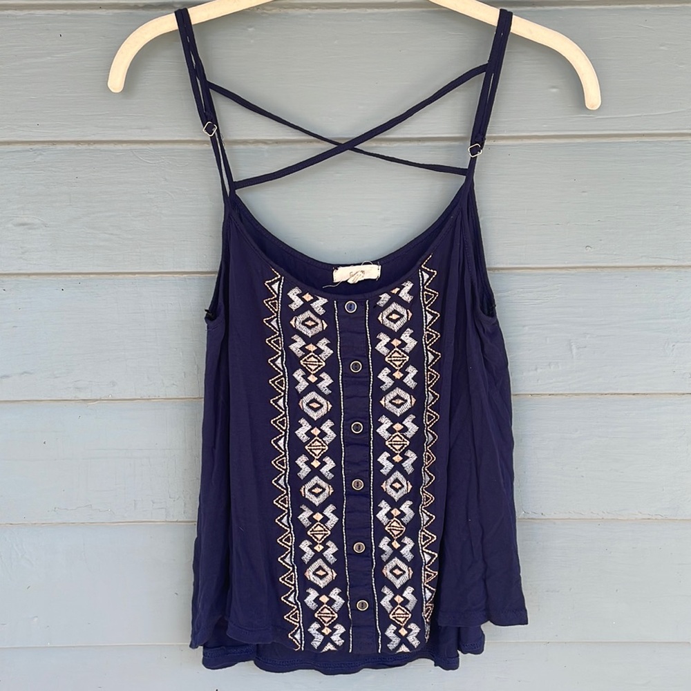 Navy Button-Down Embroidered Swing Tank Top
